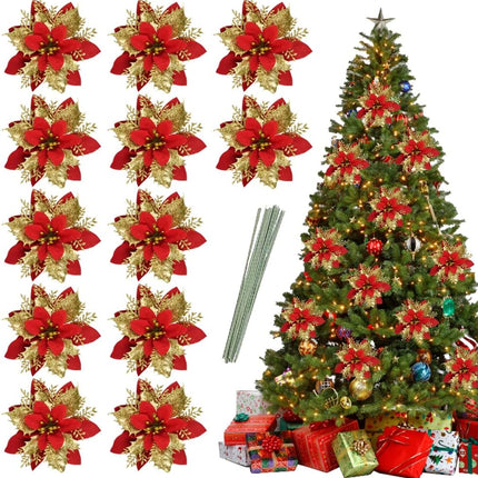 Vanleonet 12 PCS Christmas Glitter Artificial Poinsettia Flowers, Christmas Flowers Decorations, Glitter Poinsettia Tree Ornaments for Christmas Wreath Wedding Xmas Tree Decorations (Gold-Red-12pcs)