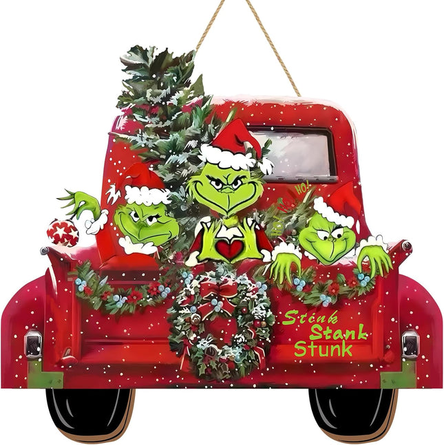 Christmas Door Hanging Sign Decorations, Wooden Christmas Wall Hanging Decor, Truck Wreath Pattern Front Door Signs for Porch Wall Indoor Outdoor Holiday Decor (Green)