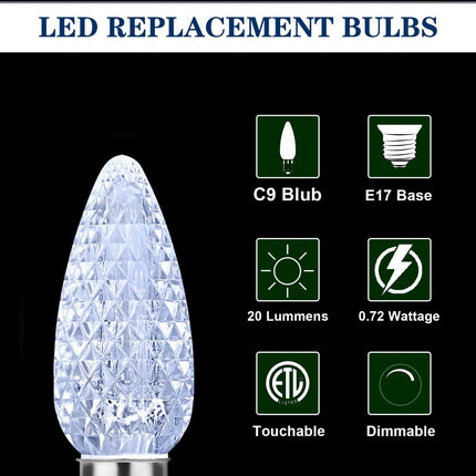 25 Pack C9 LED Bulb Christmas Replacement Lights，Dimmable Christmas Lights Bulbs, Faceted SMD LED Light Christmas Bulbs Replacement, Shatterproof LED Light Bulbs, E17 Base, Cool White