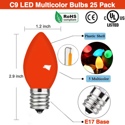 25 Pack C9 Replacement Christmas Light Bulbs, 0.6 Watt C9 Multicolor Ceramic LED Light Bulbs for Christmas Indoor Outdoor Patio Halloween Party String Lights, C9/E17 Candelabra Base
