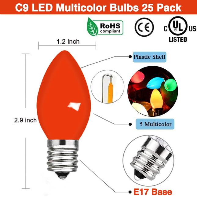 25 Pack C9 Replacement Christmas Light Bulbs, 0.6 Watt C9 Multicolor Ceramic LED Light Bulbs for Christmas Indoor Outdoor Patio Halloween Party String Lights, C9/E17 Candelabra Base
