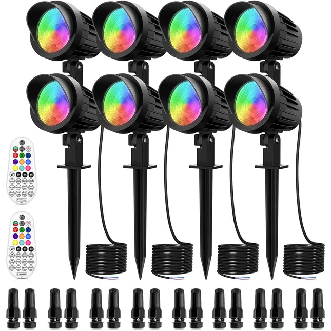 MEIKEE 7W RGB Landscape Lights, DC/AC 12V 24V Low Voltage Landscape Lights, RGB Color Changing LED Landscape Lighting with Remote, IP66 Outdoor Christmas Halloween Decoration Lights 8 Packs