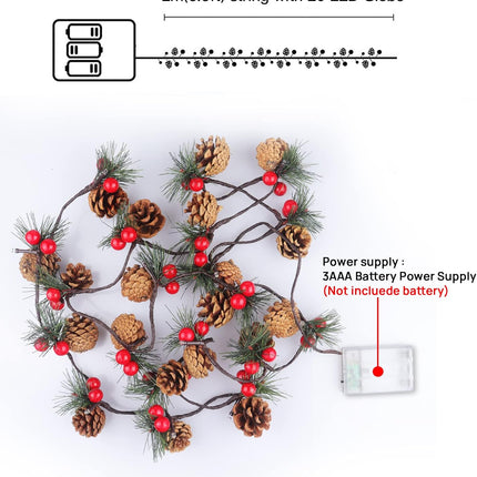 2 PCS Christmas Garland with Lights and Bigger Pine Cones, Led String Lights, Red Berries, Needle, Pine Cone, Xmas Wreath, Christmas Lights for Indoor Decorations, Fireplace, 6.6 FT, 20 Led