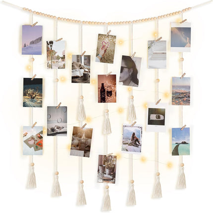 Mkono Macrame Hanging Photo Display Wall Decor with String Lights Boho Room Bedroom Wooden Beads Garland Picture Holder with 30 Clips