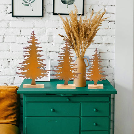 3 Pcs Metal Christmas Tree Tabletop Decor, Rustic Steel Pine Trees Table Centerpieces, Christmas Tree Art Holiday Fall Decoration, with Wood Base for Xmas Fall Winter Holiday (Yellow)