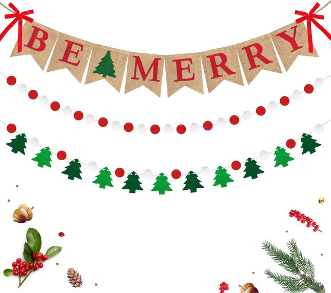 Amandir Merry Christmas Banner Burlap, Be Merry Banner Felt Ball Christmas Tree Pom Pom Garland Happy Holidays Banner for Mantle Fireplace Christmas Xmas Party Holiday Decorations Home Indoor Outdoor