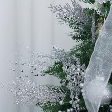 Christmas Glitter Stems 24pcs Artificial Pine Tree Picks for Christmas Tree Ornaments fillers, DIY Xmas Wreath, Crafts, Garland, Holiday, Party, Wedding and Home Decoration (Silver)
