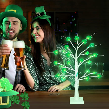 18 Inch Shamrock Tree Lights St Patricks Day Decorations with Timer, Saint Patricks Day Decor Lighted Tree with 24 LED Shamrock Lights, Battery Operated St. Patrick's Day Lights for Home Table Party