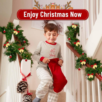 Christmas Garland Decorations-14.7 FT Christmas Green Garland with Lights, Fluffy Soft Greenery Lighted Christmas Garland for Mantle, Christmas Tree Garland Decor with Christmas Bows Balls