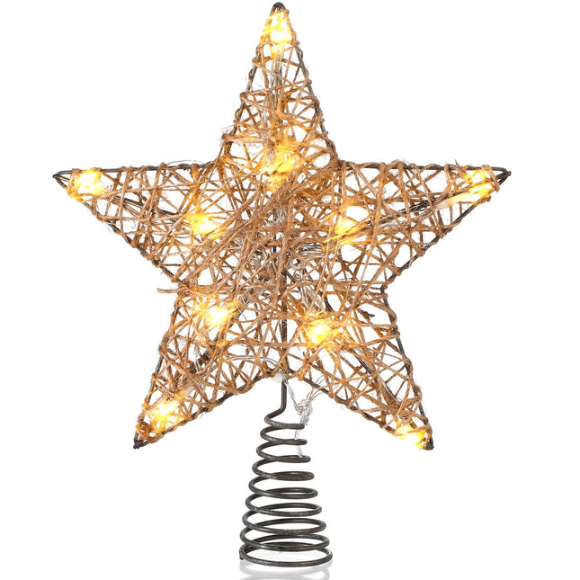 Farmhouse Christmas Tree Star Topper Decorations Light up Christmas Tree Topper with 10 LED Lights for Rustic Xmas Party Ornament Home Decor