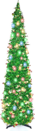 5FT Pop Up Christmas Tree with 90 LED Lights, Collapsible Christimas Tree Sled Sequins Tinsel Slim Pencil Christmas Xmas Tree for Home Holiday Fireplace Party Indoor Outdoor Decorations, Green