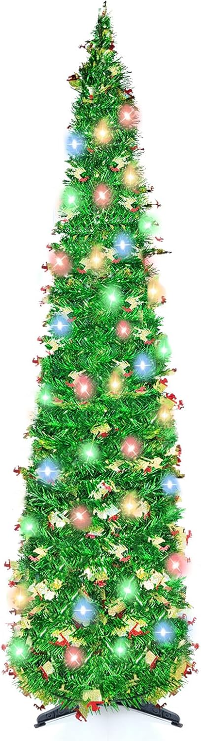 5FT Pop Up Christmas Tree with 90 LED Lights, Collapsible Christimas Tree Sled Sequins Tinsel Slim Pencil Christmas Xmas Tree for Home Holiday Fireplace Party Indoor Outdoor Decorations, Green
