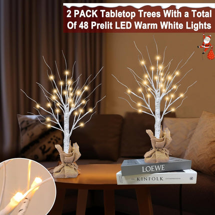 [ 2 Pack & Timer ] TURNMEON Prelit Lighted Birch Trees with 48 LED Warm White Lights DIY Burlap, Battery Operated Artificial Tabletop Christmas Tree for Home Indoor Holiday Xmas Christmas Decorations