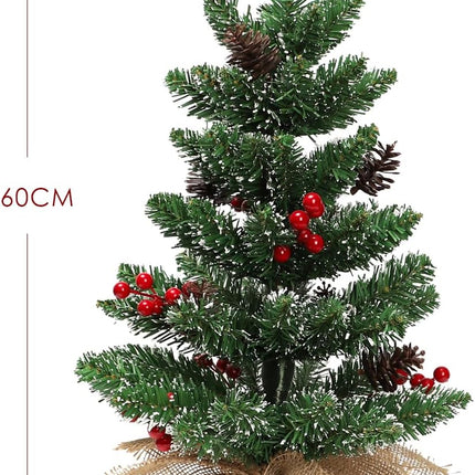 Festive 60cm Tabletop Christmas Tree in PVC, Stable Cement Base, Wrapped in Burlap, Whitened Branches, 68 Tip Counts, Topped with 6 Red Berries, 6 Simulation Pine Cones