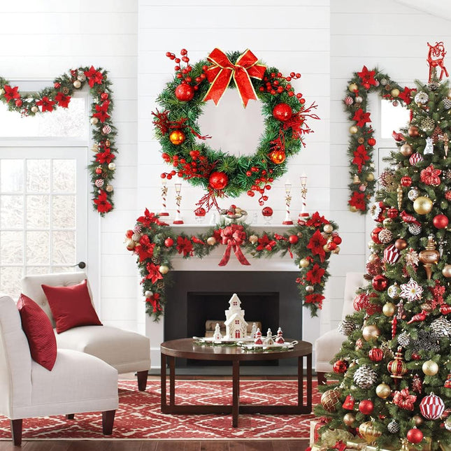 Christmas Wreaths for Front Door Xmas Wreath Ornaments Red Bow and Colored Balls Merry Christmas Decorations Wreath for Front Door Wall Window Indoor Outdoor Holiday Party Home Decor 20 Inches