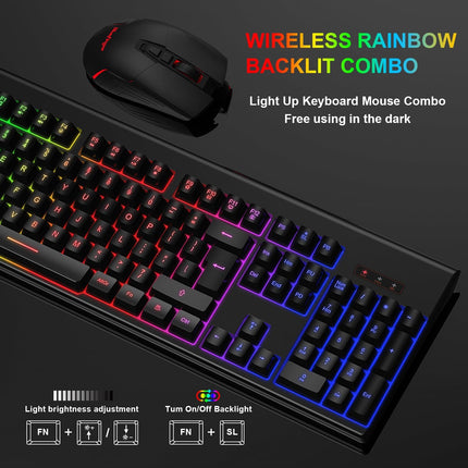 Wireless Gaming Keyboard and Mouse, Rechargeable Rainbow Backlit Wireless Keyboard and Ergonomic Light Up Mouse Combo for Windows, Mac, PC, Laptop