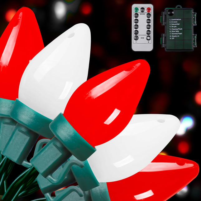 C7 Bulbs Christmas String Lights with Remote - 50 LED 26ft Battery String Lights - Fairy Christmas Lighting for Garden Decor Bedroom Porch Xmas Ornament Christmas Decorations - Red White