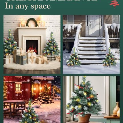 Small Outdoor Christmas Tree for Porch - Set of 2 Prelit Holiday Decor, Battery Operated Xmas Tree with Lights for Front Porch, Pathway, 2.5FT Partial Flocked Tree