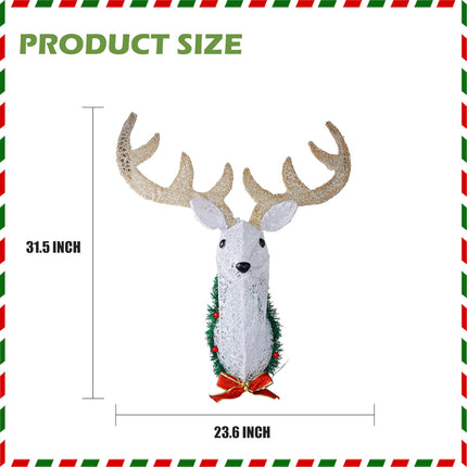 Hourleey Lighted Christmas Wall Decoration Reindeer Head, 32" 3D Battery Operated Rudolph Hanging Wreath with 8 Modes, Light Up Christmas Decor for Outdoor Indoor Front Door Window Xmas