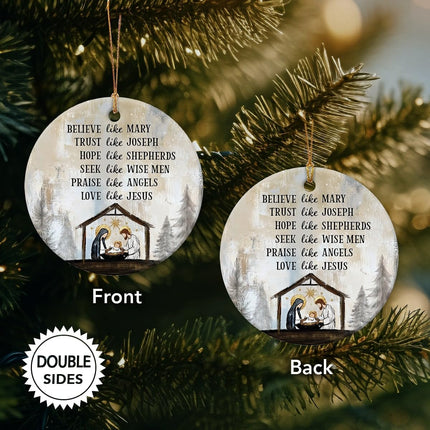 Nativity Christmas Ornaments - Believe Like Mary Trust Like Joseph Jesus Christmas Decorations - Round Ceramic Ornament for Christian s, Religious Christmas Ornaments, Nativity Decor