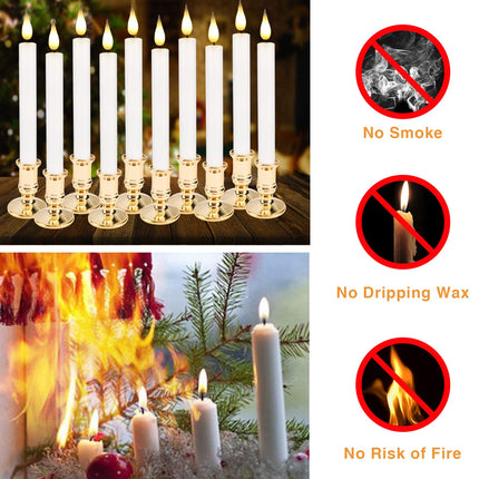 Flameless Window Candles with Remote Timer 10 PCS Battery Operated LED Flickering Taper Candle Lights with Removable Gold Candle Holders Best for Xmas Wedding Home Dinner Decor