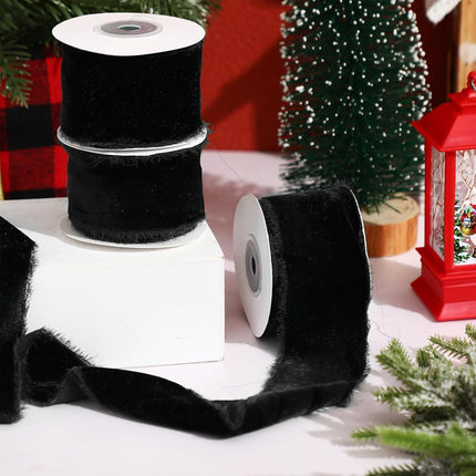 Preboun 4 Rolls Silk Velvet Ribbon for Wrapping 24 Yards Total Frayed Edge Velvet Ribbon for Christmas Wedding DIY Crafts Wreaths X-Mas Tree Decor(Black,2 Inch)