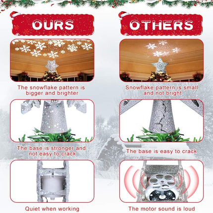 AerWo Christmas Tree Topper Lighted Snowflake Tree Topper with Magic Rotating Snowflake Projector, 3D Glitter Projector Xmas Tree Topper for Christmas Tree Decorations