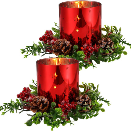 Sliner 4 Pcs Christmas Glass Candle Holders 4.7 inch Glass Xmas Candle Holder, 2 Pcs Votive Candle Berry Ring with Pinecones and 2 Pcs Christmas Candle Holders Decorative for Table Centerpieces Decor