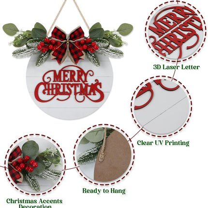 CHDITB Cute Merry Christmas Wooden Front Door Wreath(11.4”x11.4”), Farmhouse 3D Christmas Decor Hanging Sign with Red Plaid Bow Berries Mistletoe, Housewarming for Xmas Winter Holiday Year