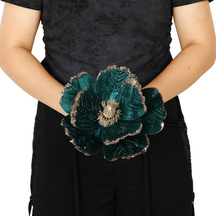 6 Pcs Large Glitter Christmas Flowers 8.3’’ Artificial Magnolia Flower Velvet Fold Christmas Tree Flower Decorations Xmas Tree Year Party Wedding Ornaments (Blackish Green)