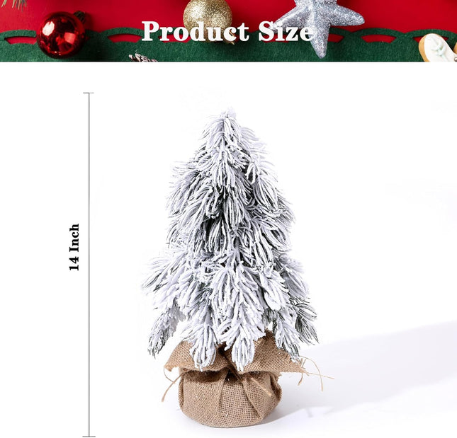 Tabletop Christmas Tree, 12 Inch Artificial Snow Flocked Small Mini Christmas Tree with Burlap Base for Home Office Table Desk Dining Bedroom Christmas Party Decorations