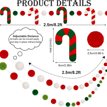 3 Pieces Christmas Felt Ball Garland Christmas Felt Banner Holiday Christmas Candy Cane Felt Banner Christmas Pom Pom Garland for Christmas Decoration Holiday Home School Office Decor