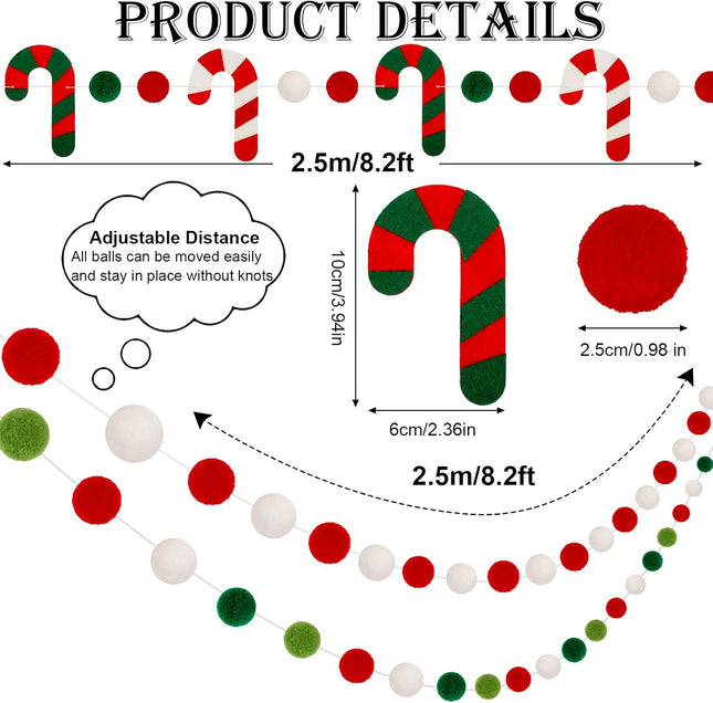 3 Pieces Christmas Felt Ball Garland Christmas Felt Banner Holiday Christmas Candy Cane Felt Banner Christmas Pom Pom Garland for Christmas Decoration Holiday Home School Office Decor