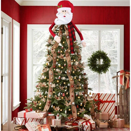Large Christmas Tree Topper Hat Santa Claus with Buffalo Plaid Scarf for Holiday, Xmas Trees Ornament Christmas Decorations Party Supplies