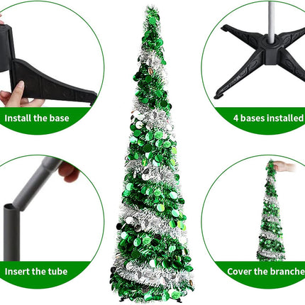 Pop Up Christmas Tree, 5 FT Artificial Christmas Trees Collapsible Snowflake Sequin Pencil Christmas Tree with Stand Pop Up Artificial Tree for Holiday Christmas Home Office