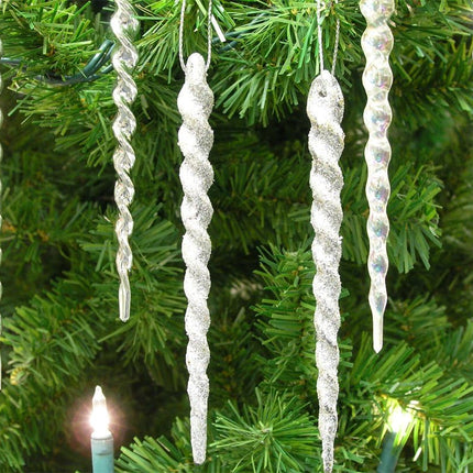 Icicle Ornaments for Christmas Tree - Set of 48 Assorted Shatterproof Icicles - 24 Glitter Silver Icicles and 24 Clear Iridescent Icicles - 5" Long