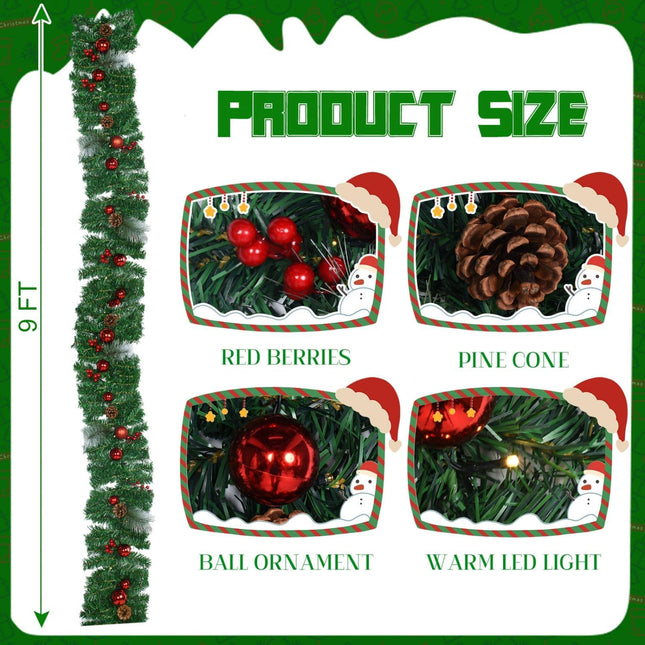 YoleShy 9 Foot Christmas Garland, Outdoor Christmas Garland with Pine Cones, Red Berries Red Ball for Fireplace, Mantle Stair Railing