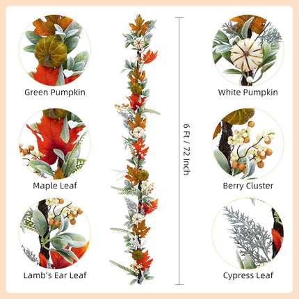 Adeeing 6 Ft Fall Garland, Autumn Pumpkin Garland with Maple Leaves Berries for Indoor Outdoor Thanksgiving Table Mantle Fireplace Home Decorations