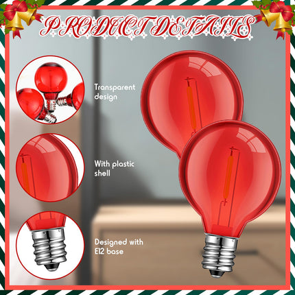 LEIFIDE 25 Pcs G40 Light Bulbs G40 LED Replacement Light Bulb 1W G40 Globe Bulb Plastic Bulb E12 Base Christmas Round Replacement Bulb for Outdoor Indoor Patio String Lights Xmas (Red)