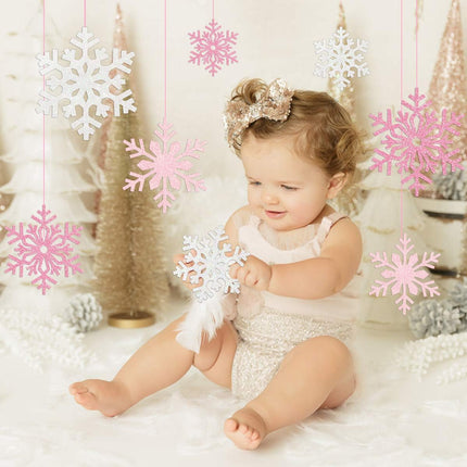 2 Pack Snowflake Banner Garland Ornaments Decorations Pink & White for Christmas Party Girls Winter Wonderland Birthday Baby Shower, Holiday Home Table Decor