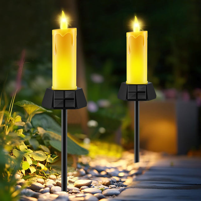 Solar Lights Outdoor Waterproof, Electric LED Flameless Candles with 3 Solar Panels, Solar Pathway Lights for Christmas Outdoor Party Yard Camping Garden Home Decorations, 2 Pack