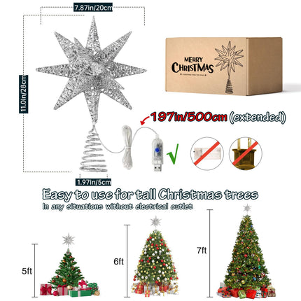 Christmas Tree Topper Star with Warm White 50 LED Lights, Star Tree Topper for Christmas Tree Tradition Moravian Decor, 11X 7.87 Inch with 5m Long Line, Estrella para Arbol De Navidad, Silver