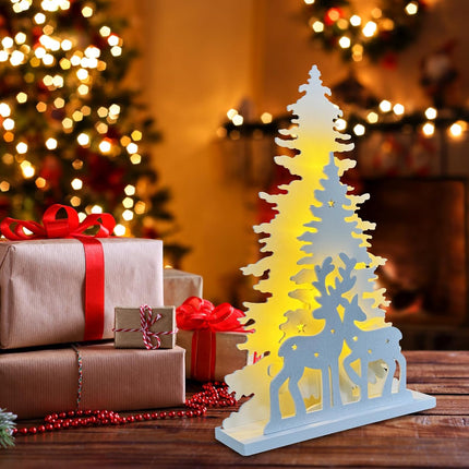 Wooden Christmas Tree Tabletop Decor, Cewuidy，LED Light up Wooden Christmas Reindeer Ornaments 11.8inch 2AA Battery Powered for Home Farmhouse Xmas Desktop Decorations(Indoor)
