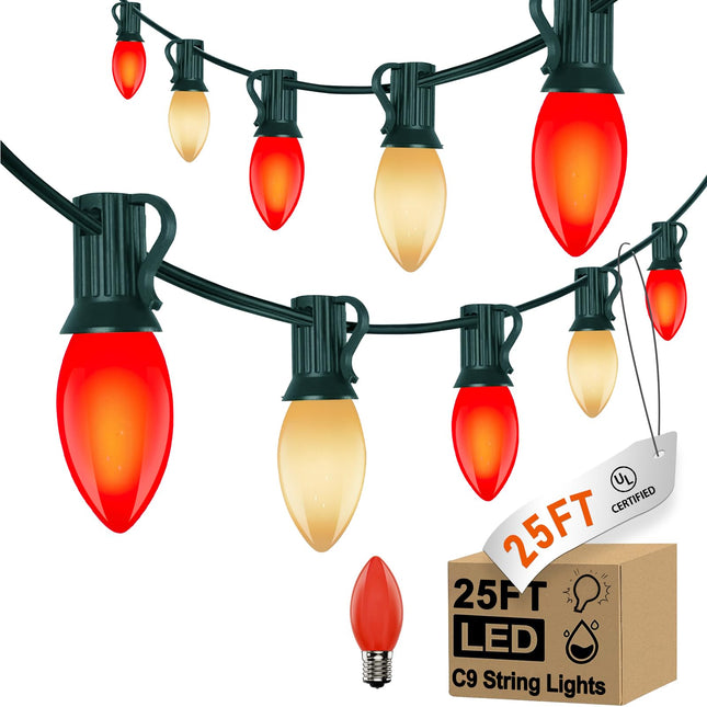 25FT Red and White LED Christmas Lights,LED Christmas Lights with 26 C9 Red White Shatterproof Plastic Bulbs,Connectable Red White Christmas Lights for Christmas Tree Roofline Indoor Outdoor Decor