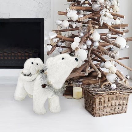 Nature Vibe 12.6 Inches White Faux Fur Polar Bear Christmas Decorations with Garland,Christmas Polar Animal Baby Bear and Mom as Winter Wonderland Decorations, Christmas Home Decor
