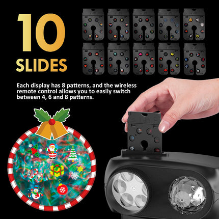 Christmas Projector Lights Outdoor, 2 in 1 HD Effect Holiday Projector, 80 HD Patterns 10 Water Wave Effects, with Remote Control, Timer Memory Function, 10 Slides for Various Festive