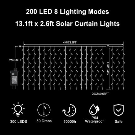 200 LED Curtain Lights, 13×3.3ft Plug in 8 Modes Window Hanging Fairy String Lights for Outside Bedroom Party Indoor Outdoor Wedding Reception Decorations Wall Halloween Christmas, Warm White