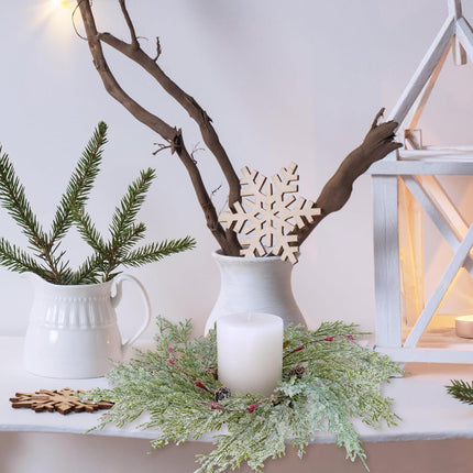 Winlyn 4 Pcs Artificial Snowy Cedar Pine Candle Rings Evergreen Pine with Red Pip Berries and Pinecones Wreaths Farmhouse Christmas Candle Holder Rings 15" Wide for Winter Holiday Mantel Door Cabinet