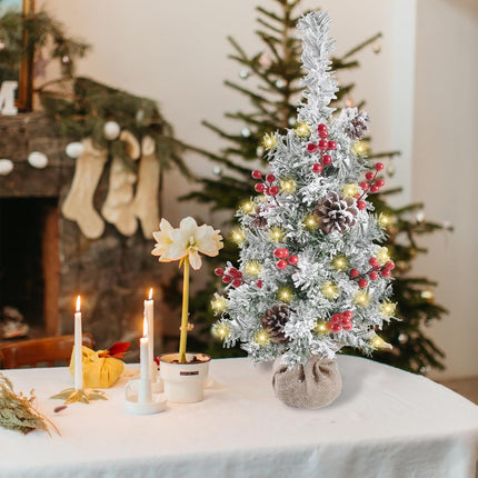 Artificial Mini Christmas Tree with LED Lights, 21 Inch Table Top Christmas Tree with Red Berries and Pine Cones for Holiday Decoration
