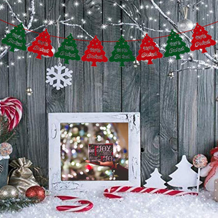 Christmas Decorations Red and Green Felt Christmas Tree Banner Garland, 8pcs Xmas Tree with Merry Christmas for Indoor Holiday Wall Window Door Decoration